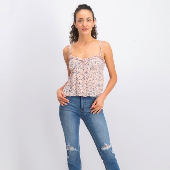 Patrons of Peace Nathalie Sleeveless Crop Smocked Top Pink Cream Combo Small - Picture 3 of 16